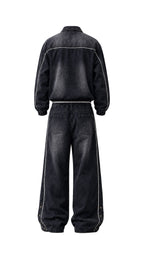 Completo denim uomo nero slavato – Giacca con zip e jeans baggy a vita elasticizzata
