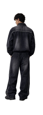 Completo denim uomo nero slavato – Giacca con zip e jeans baggy a vita elasticizzata
