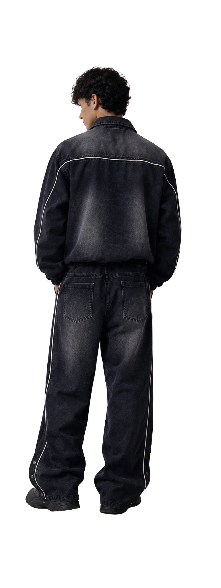Completo denim uomo nero slavato – Giacca con zip e jeans baggy a vita elasticizzata