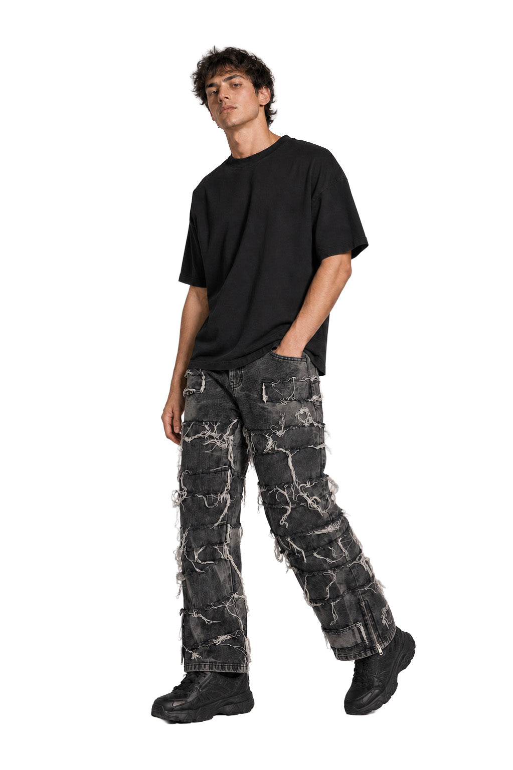 Jeans baggy uomo grigi – Patchwork sfrangiato con zip laterali alle caviglie
