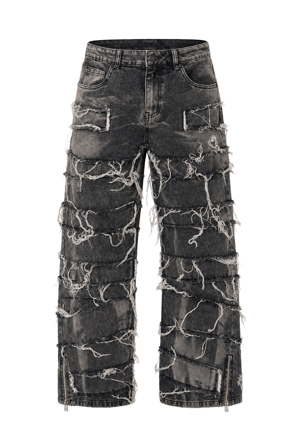 Jeans baggy uomo grigi – Patchwork sfrangiato con zip laterali alle caviglie