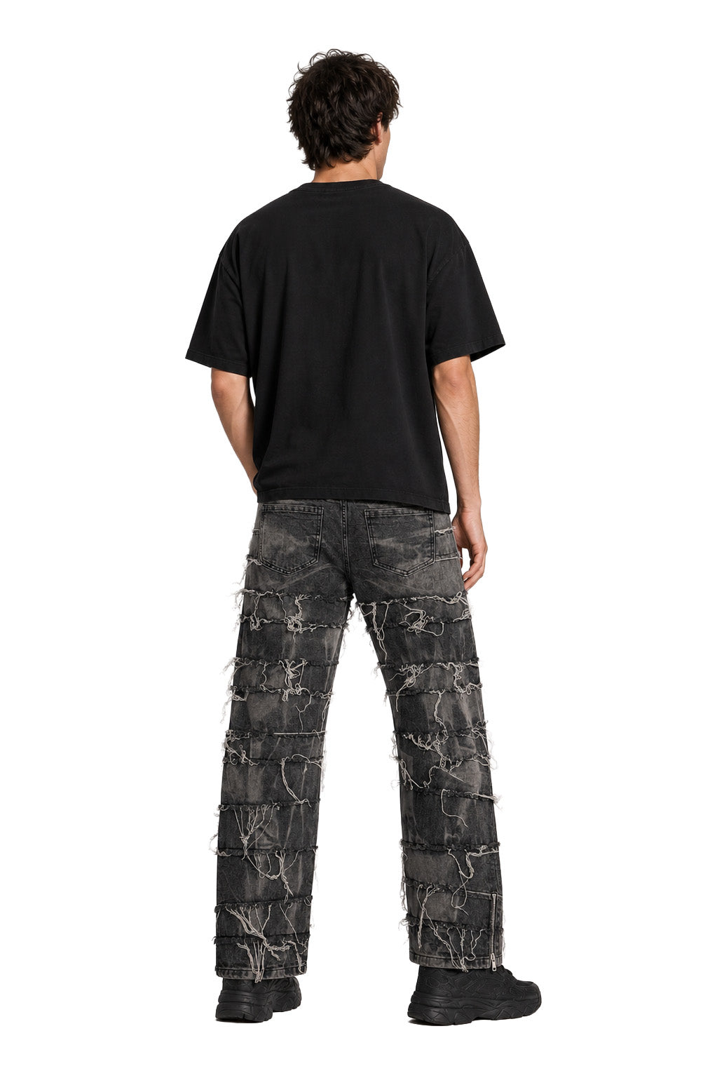 Jeans baggy uomo grigi – Patchwork sfrangiato con zip laterali alle caviglie