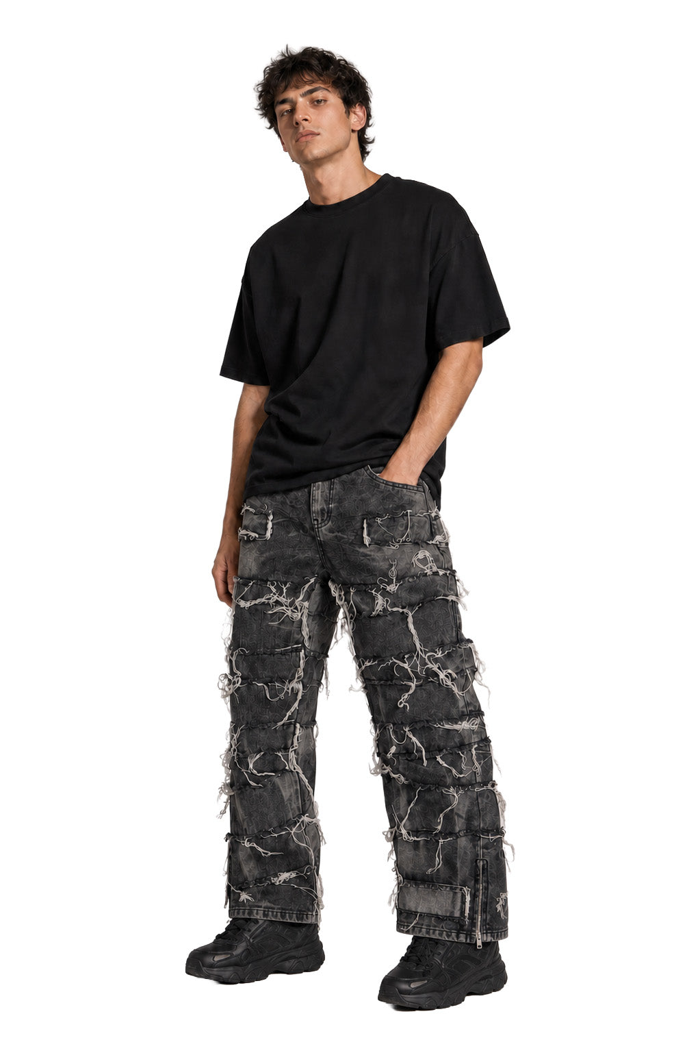 Jeans baggy uomo grigi – Patchwork sfrangiato con zip laterali alle caviglie