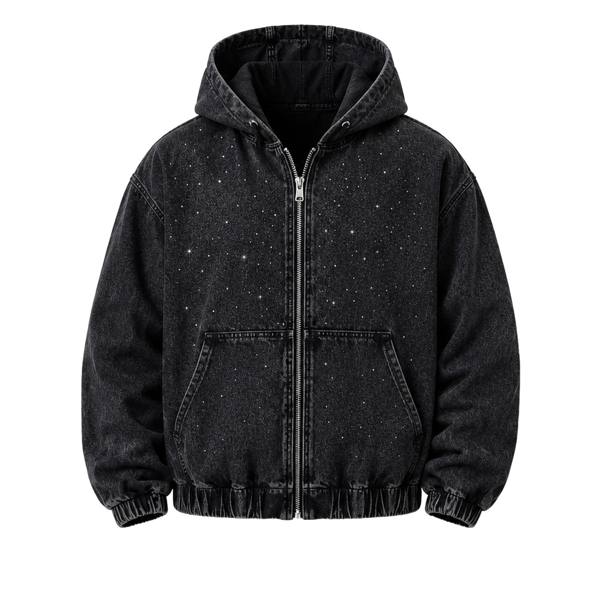Giacca denim uomo nera slavata con strass – Vestibilità oversize e cappuccio