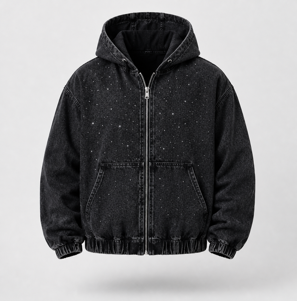 Giacca Nera Oversize Brillantinata con Cappuccio