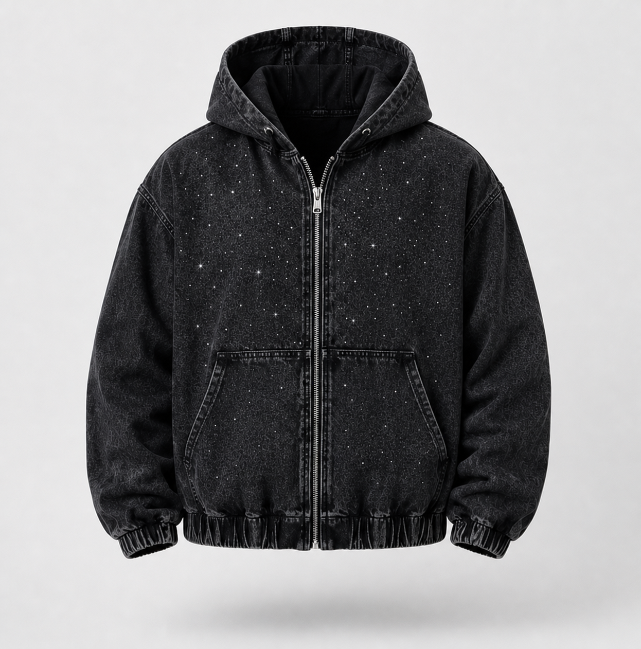 Giacca Nera Oversize Brillantinata con Cappuccio