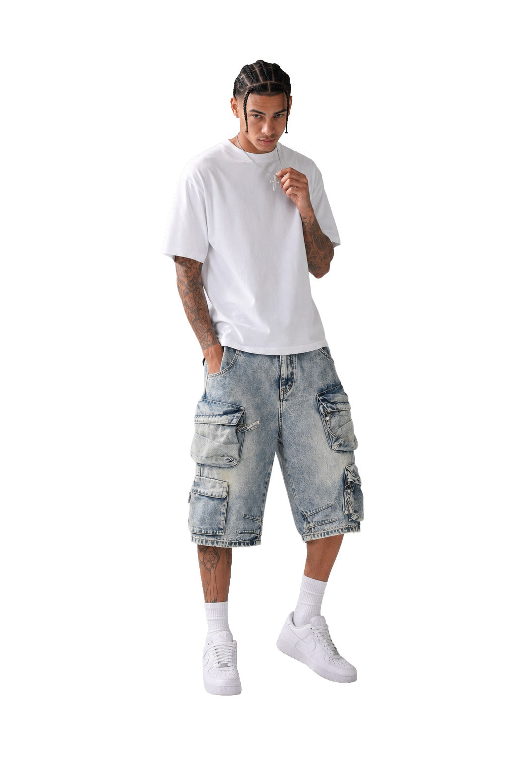 Jorts cargo baggy uomo blu slavato – Modello multitasche