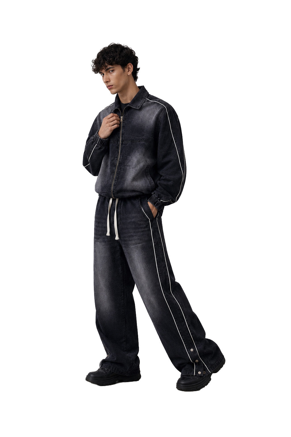 Completo denim uomo nero slavato – Giacca con zip e jeans baggy a vita elasticizzata