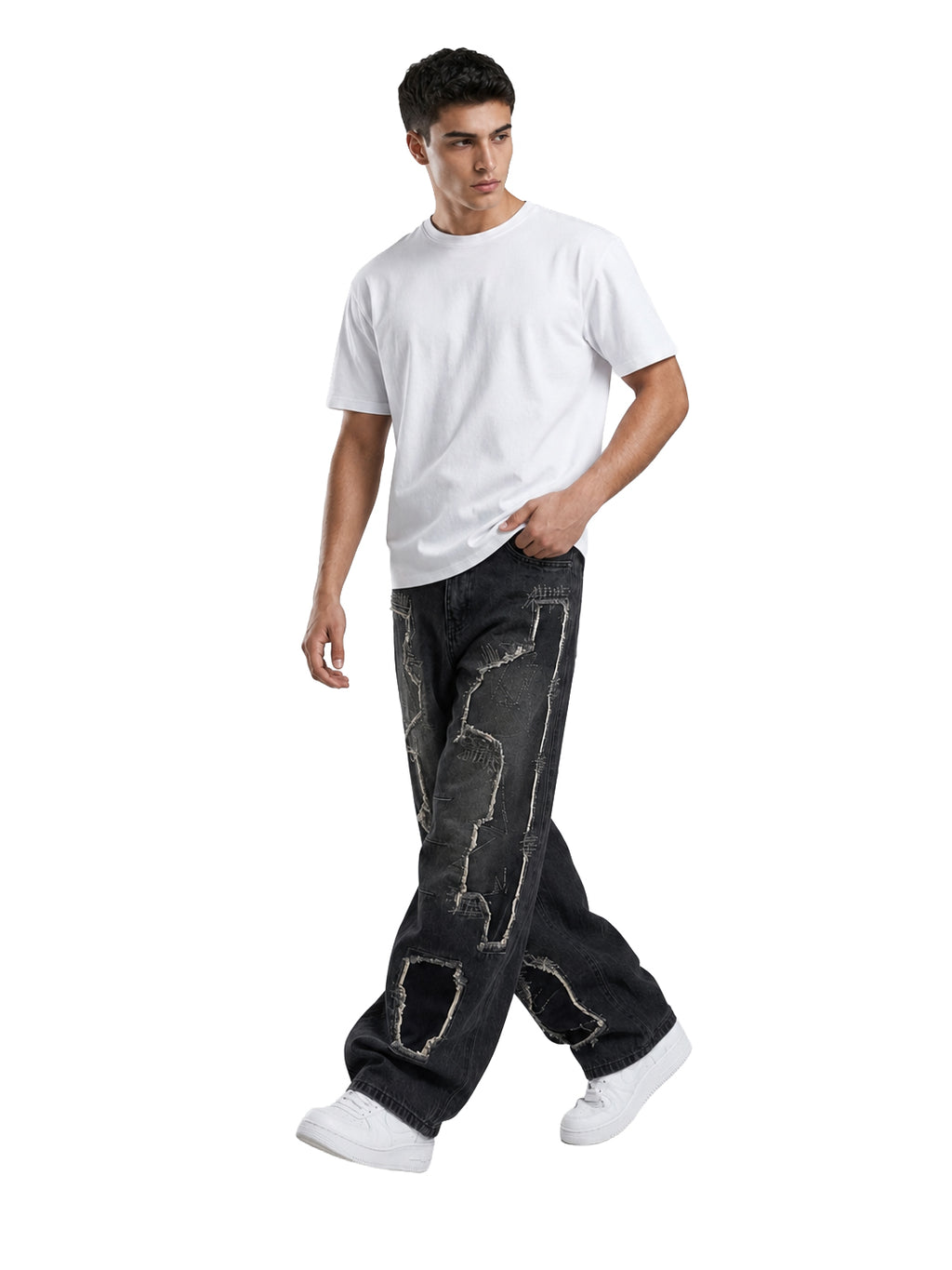 Jeans baggy balloon uomo neri – Dettagli patchwork sfrangiati