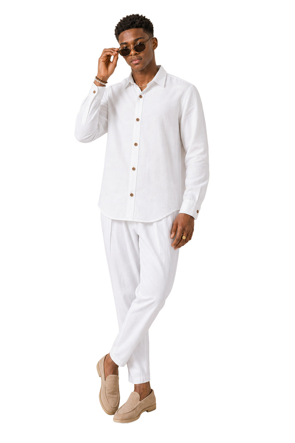 Completo uomo bianco in cotone e lino – Camicia e pantaloni