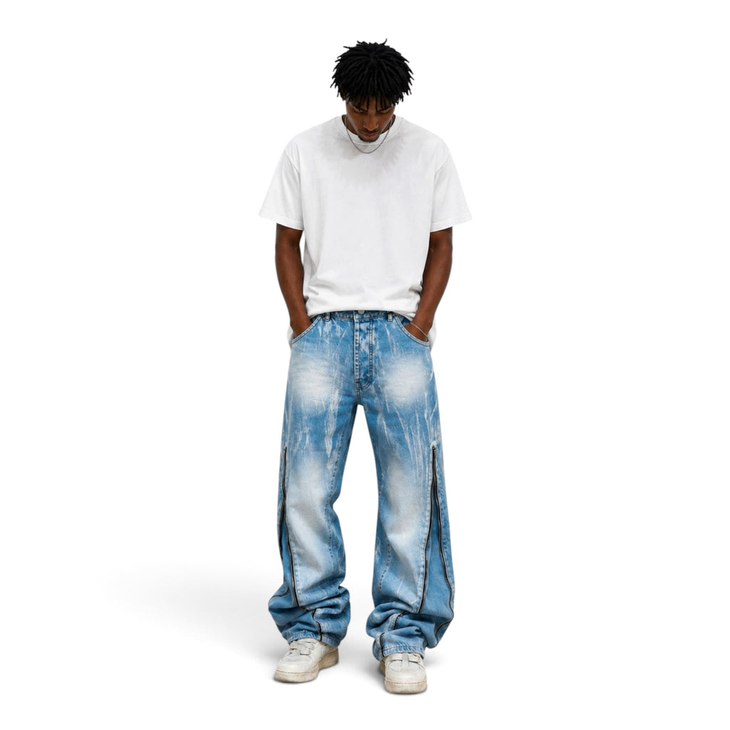 Jeans Baggy Ice Wash con Zip Laterali – Made in Italy