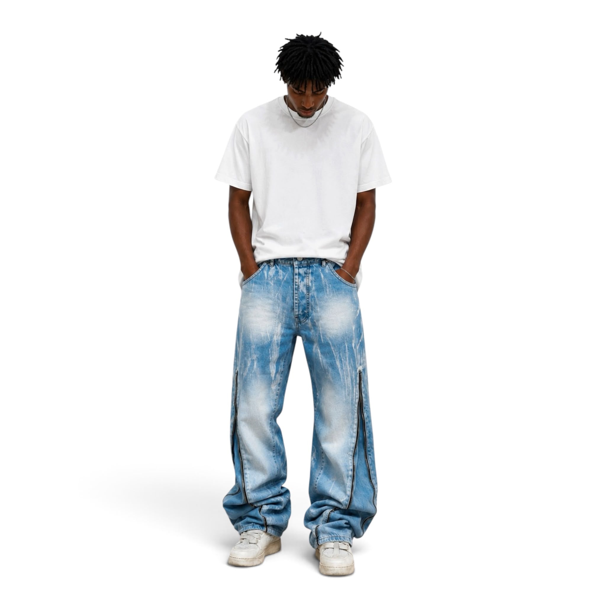 Jeans Baggy Ice Wash con Zip Laterali – Made in Italy