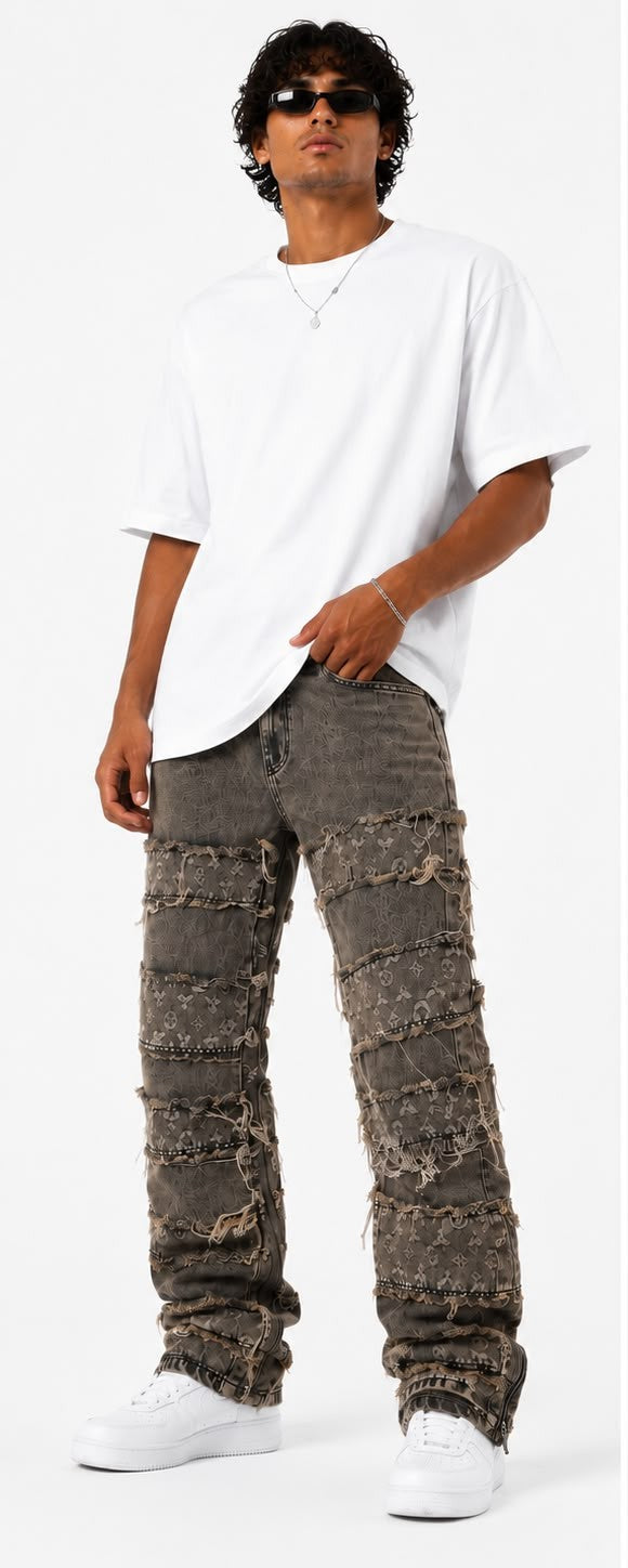 Jeans Baggy Patchwork Distressed con Zip