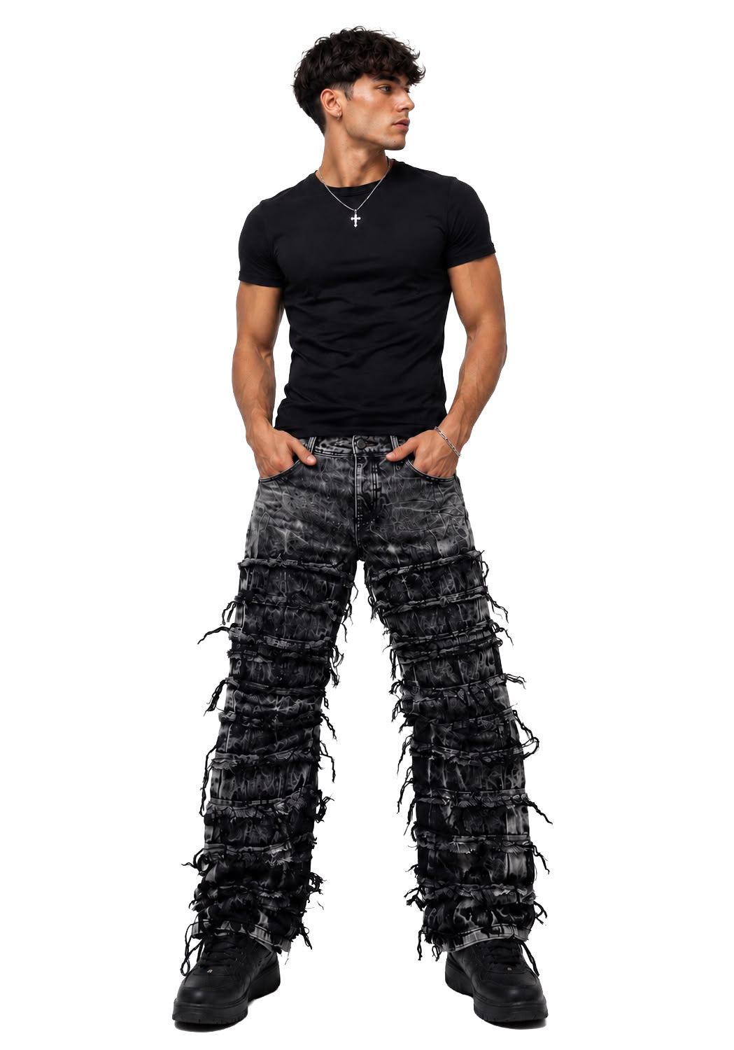 Jeans baggy uomo neri slavati – Dettagli sfrangiati