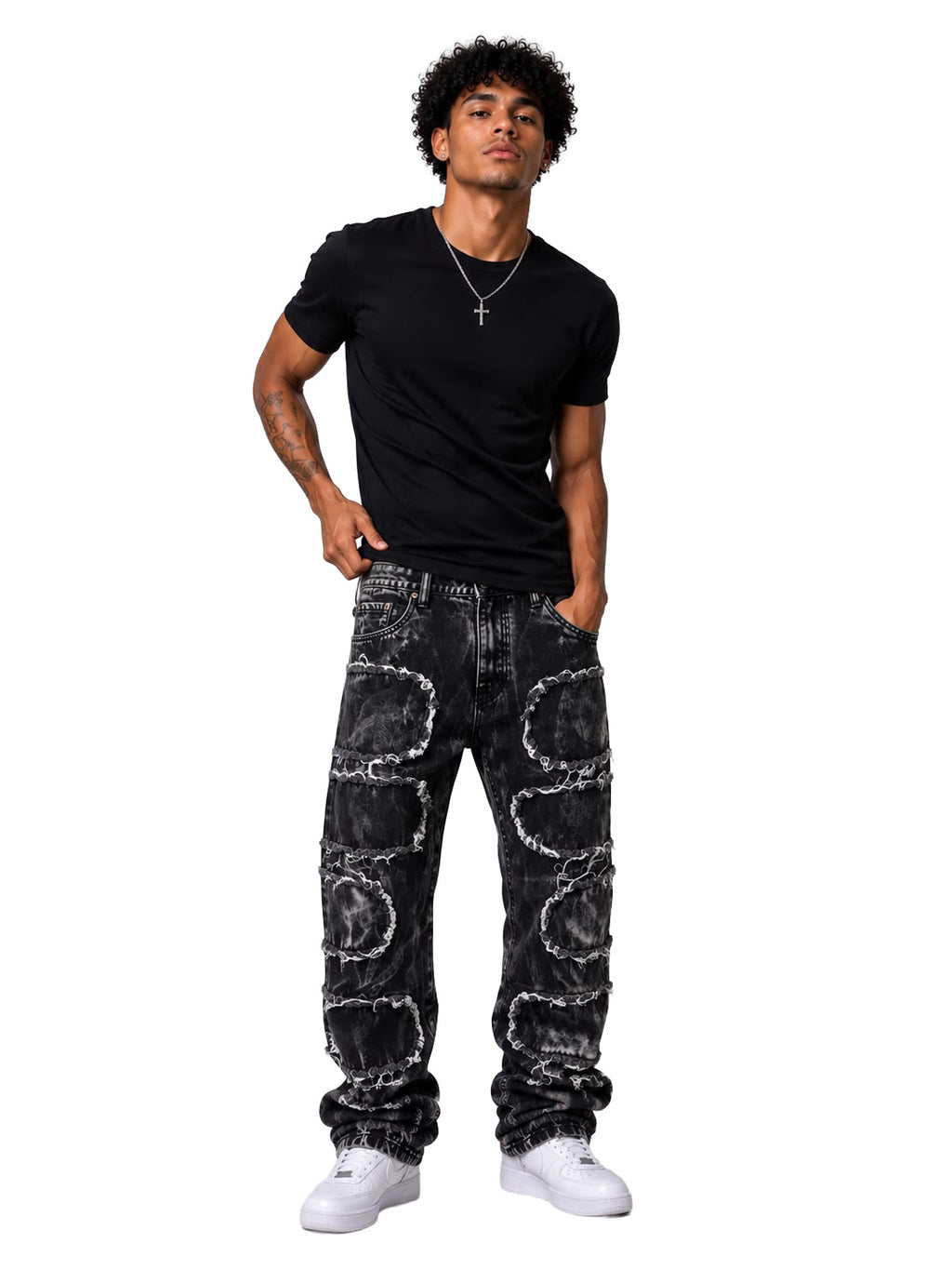 Jeans baggy uomo neri Acid Wash – Patchwork sfrangiato