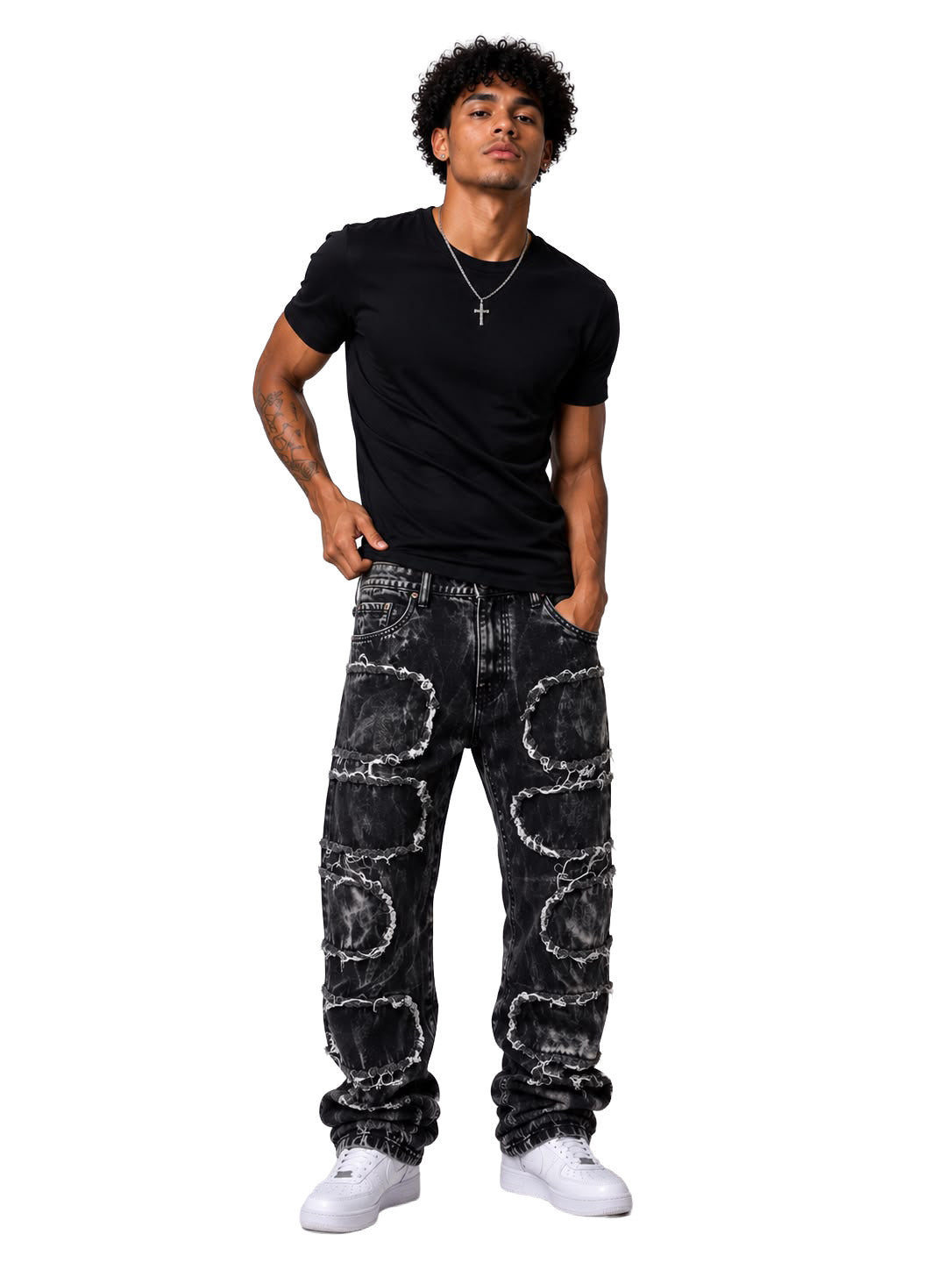 Jeans baggy uomo neri Acid Wash – Patchwork sfrangiato