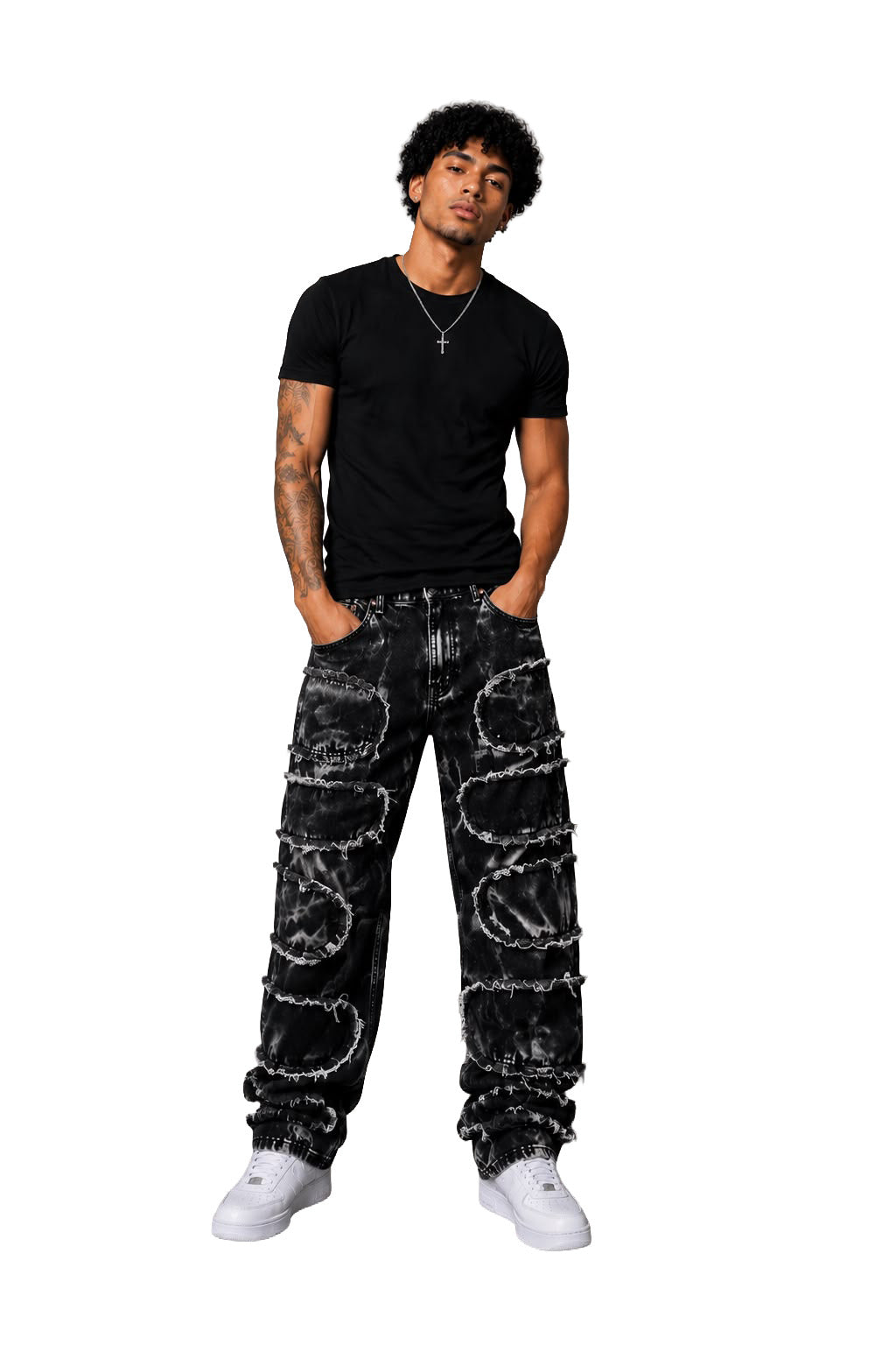 Jeans baggy uomo neri Acid Wash – Patchwork sfrangiato