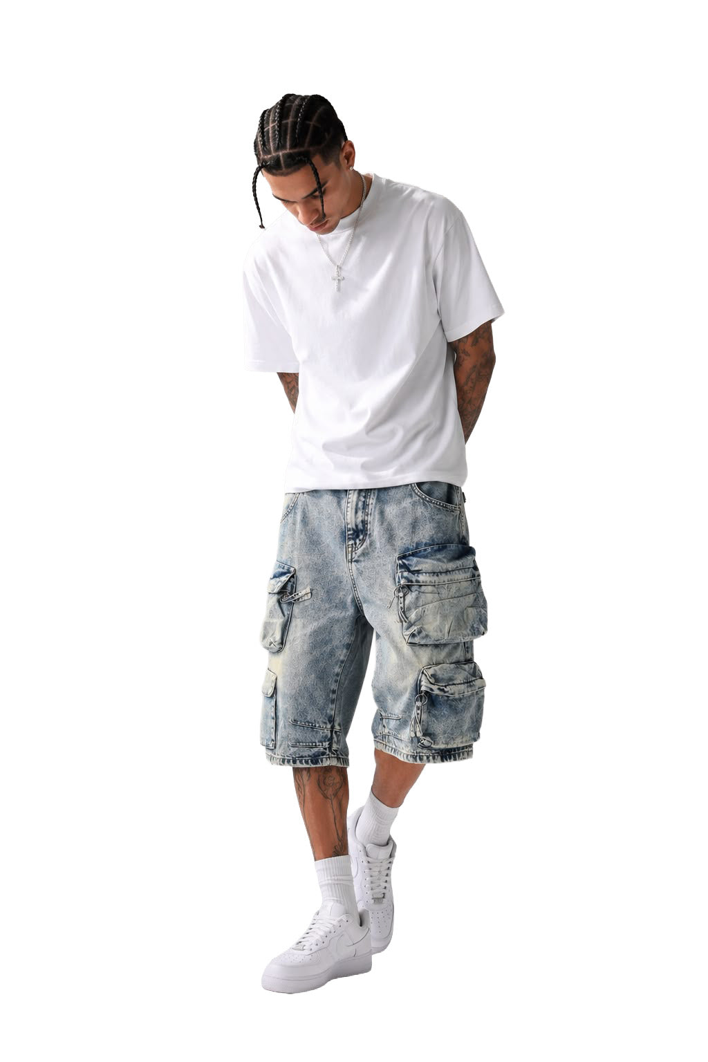 Jorts cargo baggy uomo blu slavato – Modello multitasche