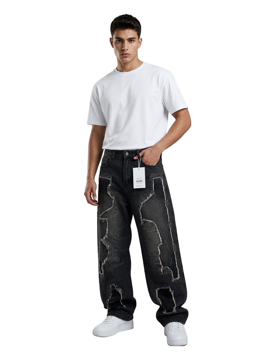 Jeans baggy balloon uomo neri – Dettagli patchwork sfrangiati