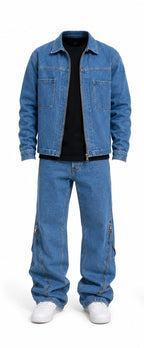 Completo denim uomo blu – Giacca e jeans baggy con zip laterali Made in Italy